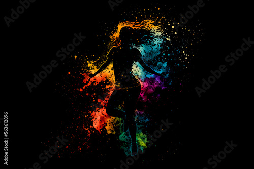 Female dance in abstract multi color paint explosion on black background. Freeze motion female jump through paint splash. Paint clouds with person silhouette on black background, Generative AI.