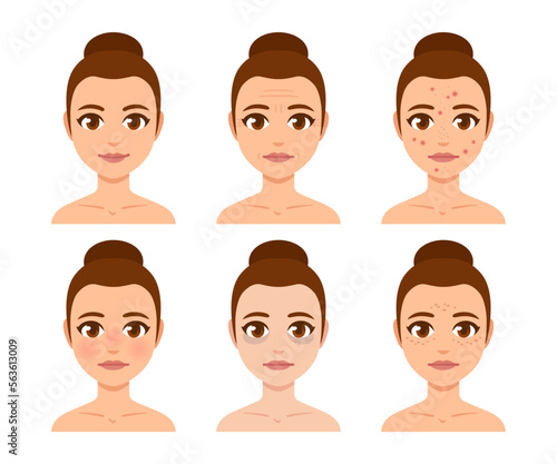 Skincare and skin concerns woman face set