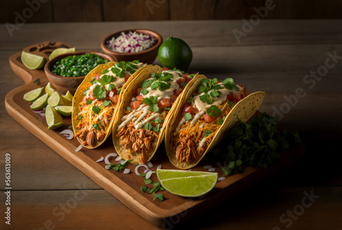 Mexican tacos, with succulent pulled chicken and topped with fresh diced whiter onions, ai generative