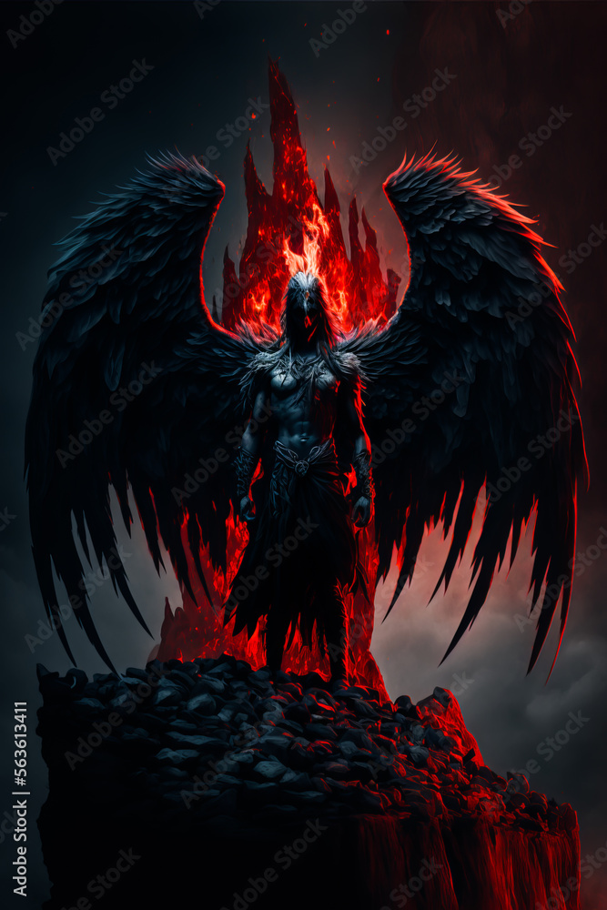 Fallen angel with black wings covered in red blood standing in the Hell.  Infernal creature - fallen angel in a dark smoke. Gothic apocalyptic  background, Generative AI. Mystic nightmare background. Stock-Illustration
