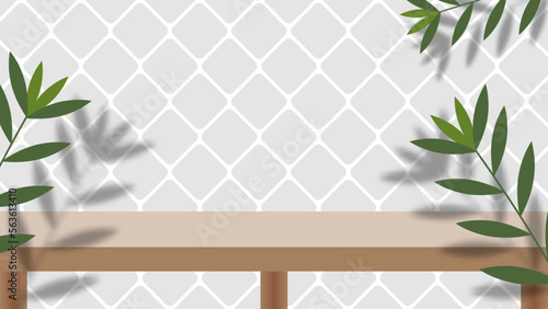 Wooden table with nature green leaf and shadow on white background. Vector illustration.