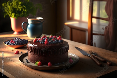 food photography of birthday chocolate cake with chocolate glaze and berries, on plate, on table, with kitchen on background, soft light, sunny day, created whit Generative AI