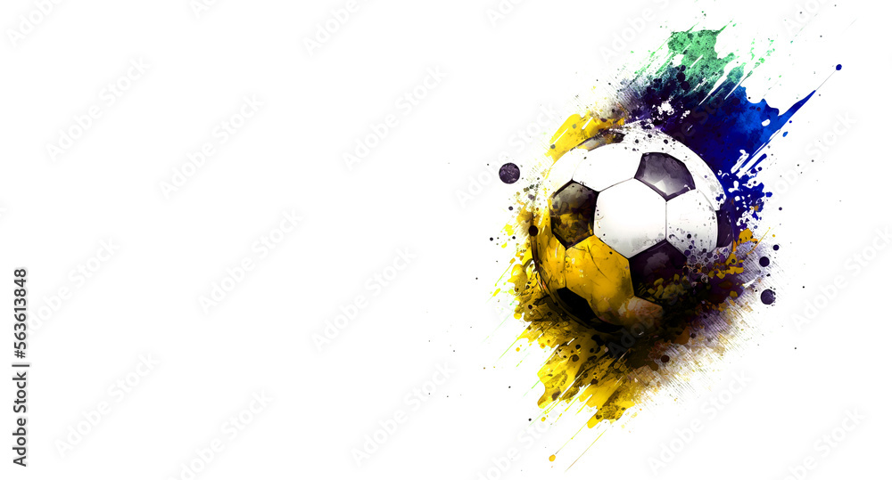 Soccer ball in colorful paint explosion on white background, Generative AI. Soccer, football, sport design element or background for banner.