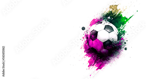 Soccer ball in colorful paint explosion on white background, Generative AI. Soccer, football, sport design element or background for banner. photo