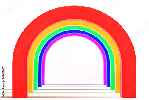 Empty corridor of several rainbow round arches in perspective with white floor and shadows. Minimal background. Abstract architecture. Vector illustration of archway. Inside interior
