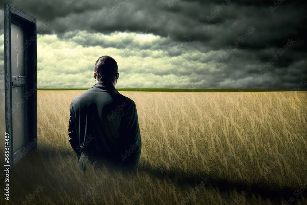 Generative AI illustration of concept image of man standing in wide open field of wheat to show fear of open spaces agrophobia Generative AI illustration of concept image of man standing in wide open field of wheat to show fear of open spaces agrophobia