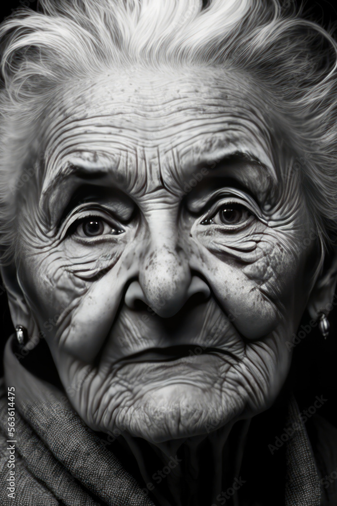 Generative AI illustration of highly detailed pencil drawing of sweet old lady portrait