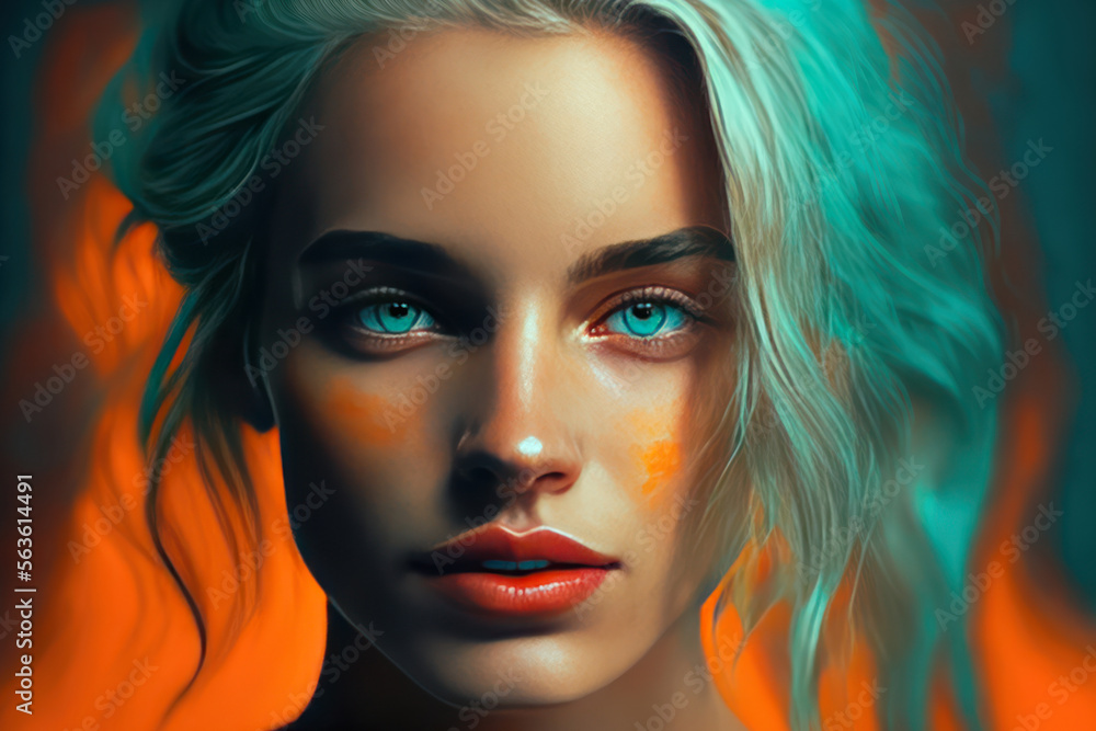 Generative AI illustration of beautiful woman with stunning teal and orange make up Generative AI illustration of beautiful woman with stunning teal and orange make up