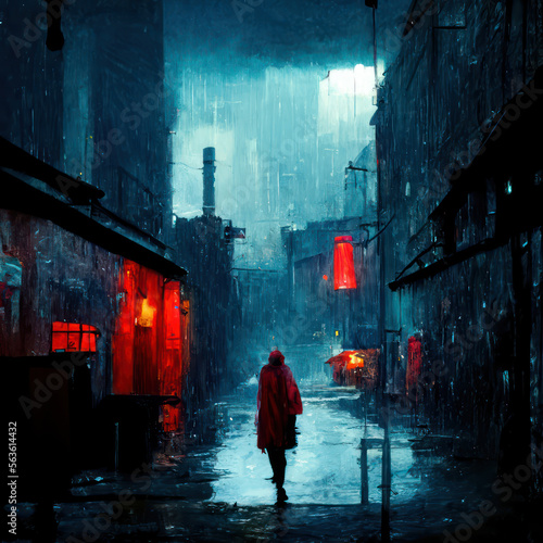 Generative AI illustration of dreamy conceptual image of solitary person walking through rainy city at night