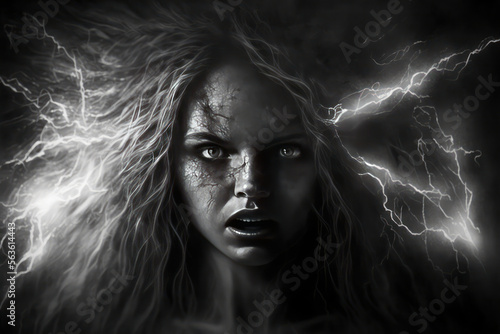 Generative AI illustration of conceptual image of the power of thought with lightening bolts coming from girl's head