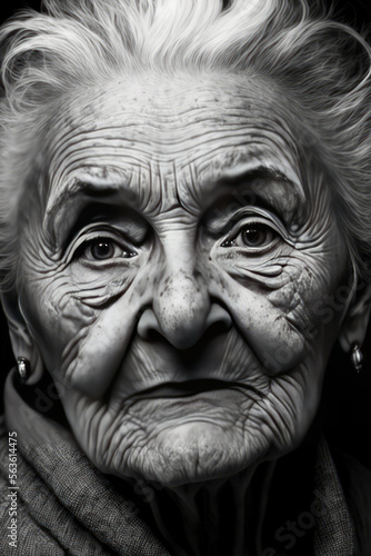 Generative AI illustration of highly detailed pencil drawing of sweet old lady portrait