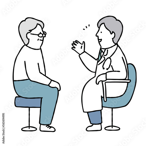 診察を受ける中年男性と医者のイラスト素材　ブルー
