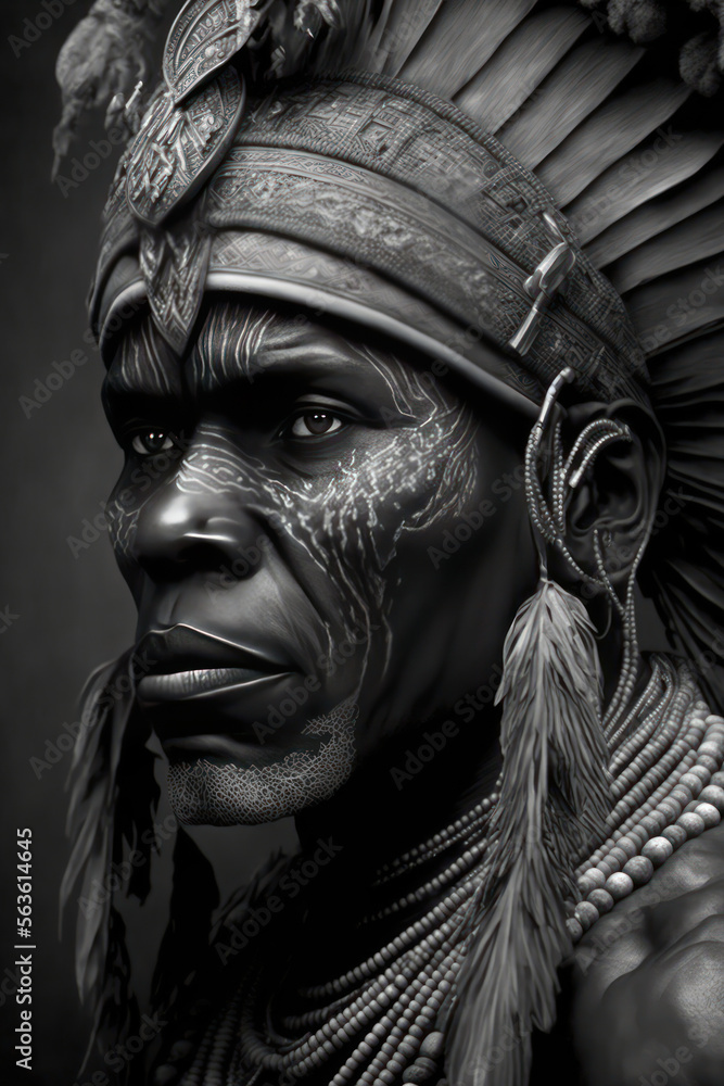 Fototapeta premium Generative AI illustration of pencil drawing of African tribal chief wearing ceremonial head dres with fantastic detail