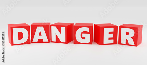 3d render sign danger on red cubes and light background. Simple minimalism concept. photo