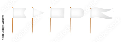 Toothpick flags. Wooden toothpicks with white paper flag. Location mark, map pointer. Vector