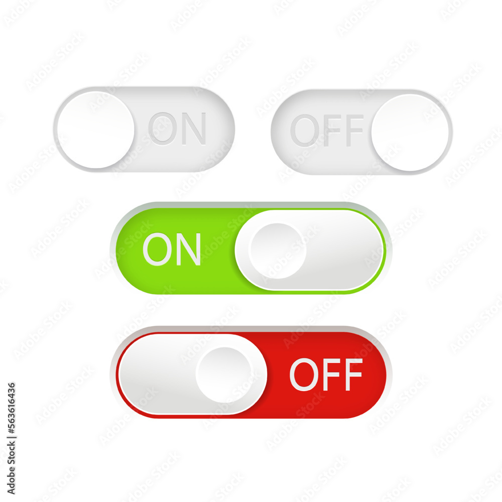 On and Off toggle switch buttons. Material design switch buttons set. Vector On and Off toggle switch buttons. Material design switch buttons set. Vector