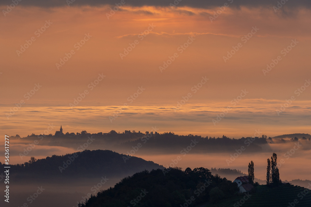 Dawn in foggy South Styria, Austria