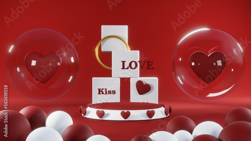 3D rendering of red podium for Valentine products on Valentine's Day.