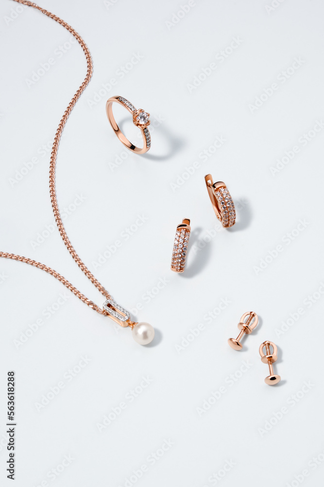 Elegant jewelry set. Jewellery set with gemstones. Jewelry accessories  collage. Product still life concept. Ring, necklace and earrings. Stock  Photo | Adobe Stock