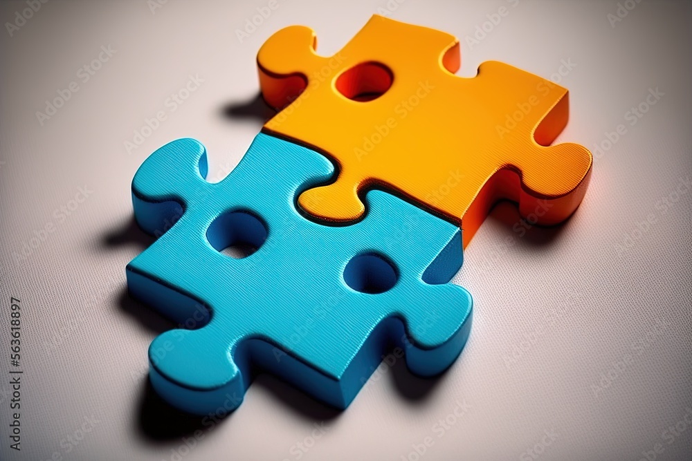 Obraz premium Duas peças puzzle em 3D, com cores diferentes que se complementam na perfeição