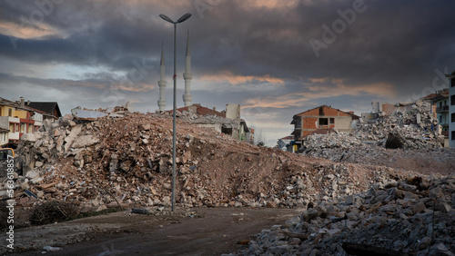 Israel Palestine war. War debris in a city after bombardment. War in middle east photo