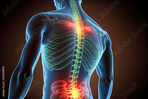 Foto de visualização interna do corpo humano a mostrar dois focos de dor, em simultâneo, nas costas. photo