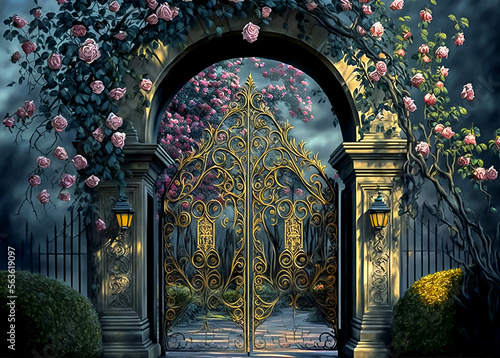 Wrought iron gate to the flowers garden, entrance in moonlight, night landscape, roses flowers