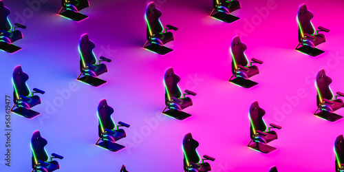 Rows with several gamer chairs in line. 3d render