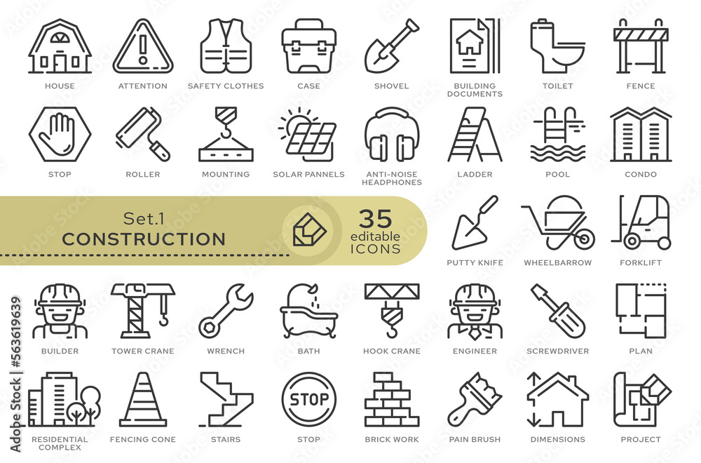 Set of conceptual icons. Vector icons in flat linear style for web sites, applications and other graphic resources. Set from the series - Construction. Editable outline icon. Set of conceptual icons. Vector icons in flat linear style for web sites, applications and other graphic resources. Set from the series - Construction. Editable outline icon.