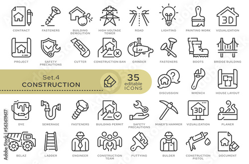 Set of conceptual icons. Vector icons in flat linear style for web sites, applications and other graphic resources. Set from the series - Construction. Editable outline icon.