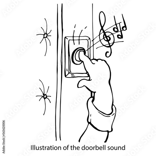 Illustration of the doorbell sound. Graphic black and white isolated drawing. Press the bell button with your hand and fingers. The bell at the entrance to the apartment.