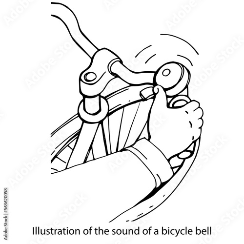 Illustration of a bicycle bell. Graphic black and white isolated drawing. Press the sound signal on the steering wheel. Bicycle handlebar. Hand on the steering wheel.