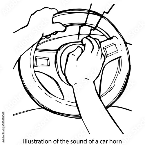 Illustration of the sound of a car signal on the steering wheel. Graphic black and white isolated drawing. Click on the sound signal on the steering wheel. The horn on the car. Horn on the steering
