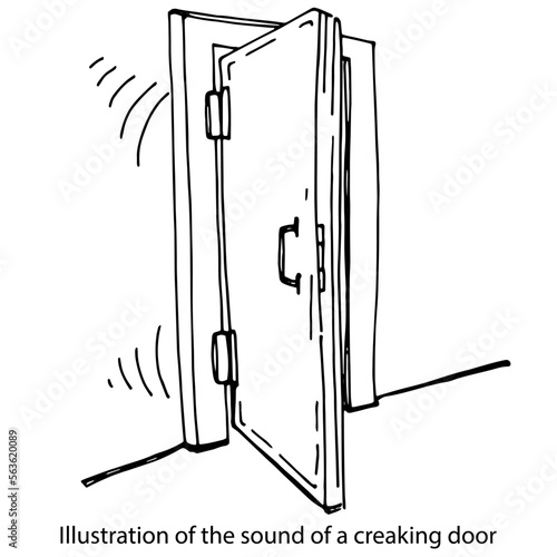 Illustration of the door sound.The creaking of the door awnings. Graphic black and white isolated drawing. Entrance to the room.