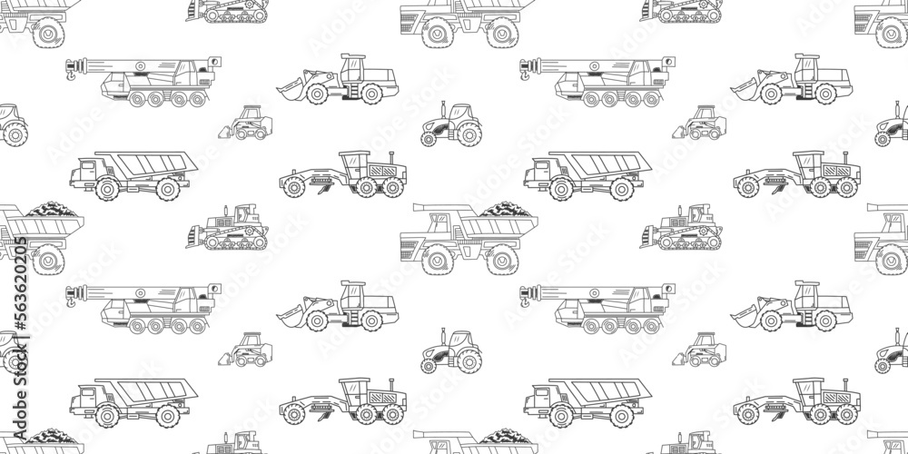 Vector seamless pattern. Hand drawn, doodle black and white construction and quarry machinery and heavy transport on an isolated background. Dump truck, grader, loader, tractor, bulldozer and crane.