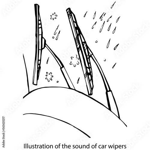 Illustration of the sound of car wipers.Graphic black and white isolated drawing.Driving a car in the rain.Drops on the windshield. The work of car wipers.