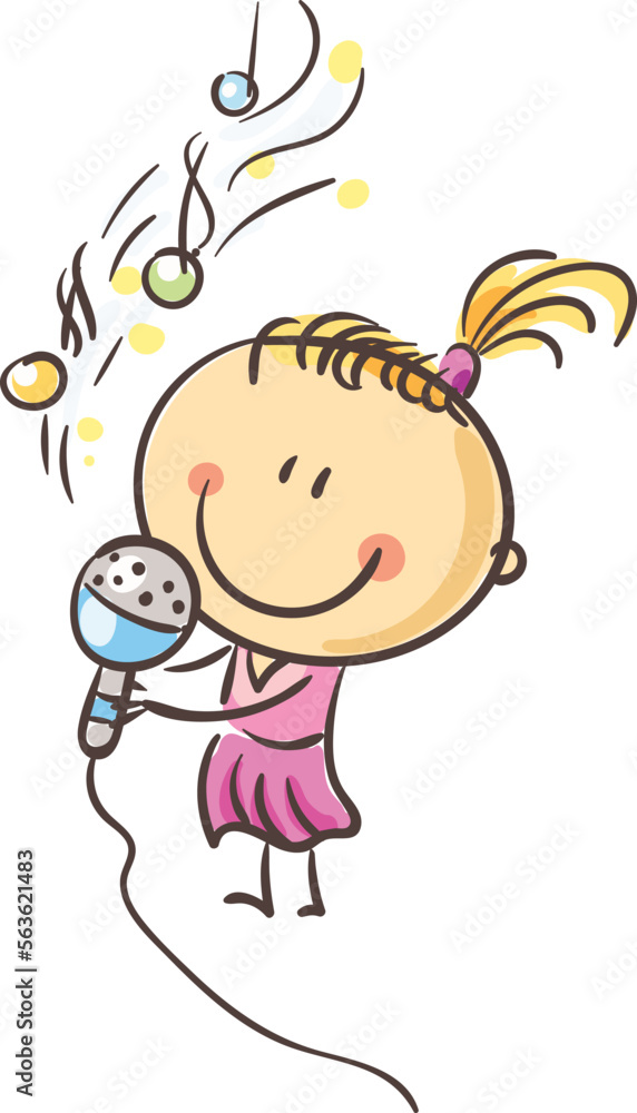 Little happy girl singing song. Kid creative activities clipart, isolated on white, vector illustration. Little happy girl singing song. Kid creative activities clipart, isolated on white, vector illustration.