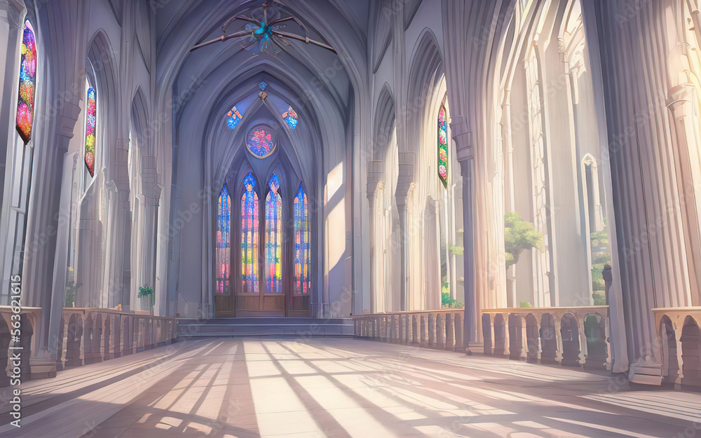 anime cathedral, church - obrazy, fototapety, plakaty 