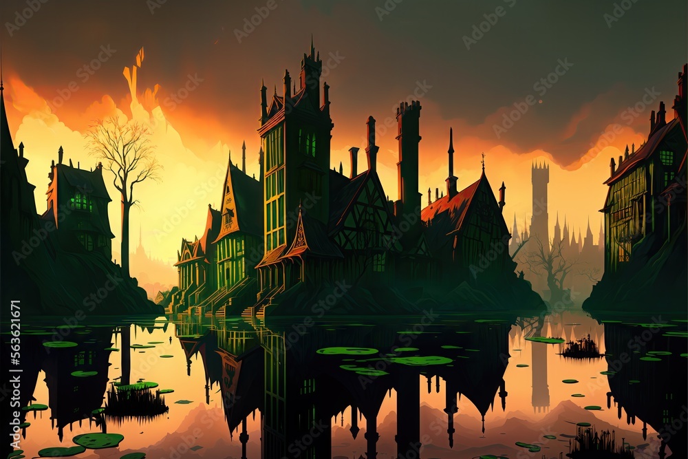 Naklejka premium Swamp fantasy landscape digital illustration high quality. Generative AI 