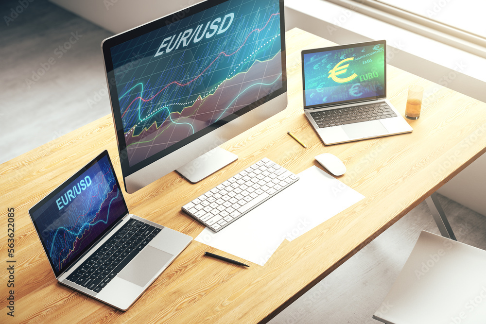 Creative concept of EURO USD financial chart illustration on modern laptop screen. Trading and currency concept. 3D Rendering Creative concept of EURO USD financial chart illustration on modern laptop screen. Trading and currency concept. 3D Rendering
