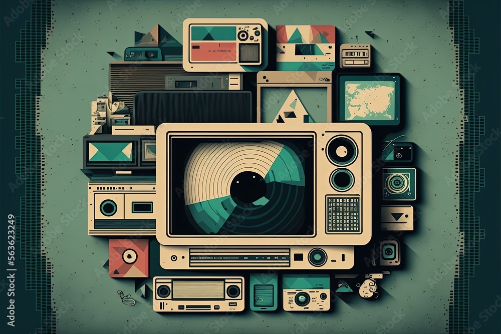 Background full of various old electronics from the 80s and 90s, retro. Generative AI Background full of various old electronics from the 80s and 90s, retro. Generative AI