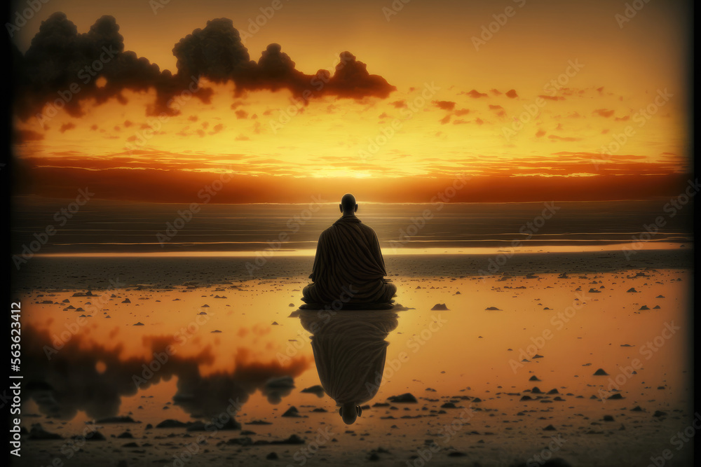 Buddhist monk meditating on calm lake at morning sunrise . Mind faith and meditation concept. Peculiar AI generative image. - obrazy, fototapety, plakaty 