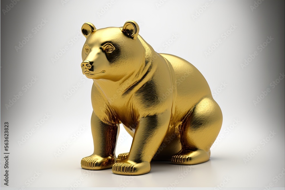 Bear statue illustration made in solid gold, financial market, white background. Generative AI