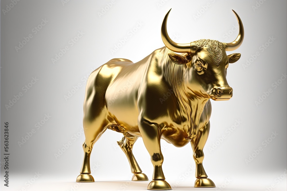 Bull statue illustration made in solid gold, financial market, white background. Generative AI Bull statue illustration made in solid gold, financial market, white background. Generative AI