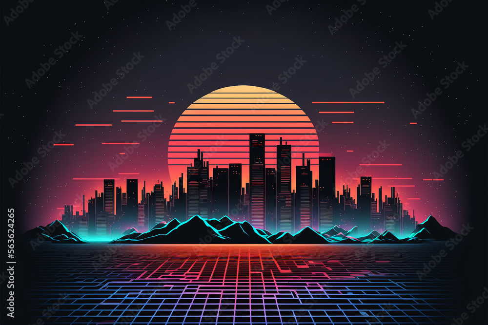 80s Retro Sci-Fi Background with Night City Skyline, Synthwave glowing ...