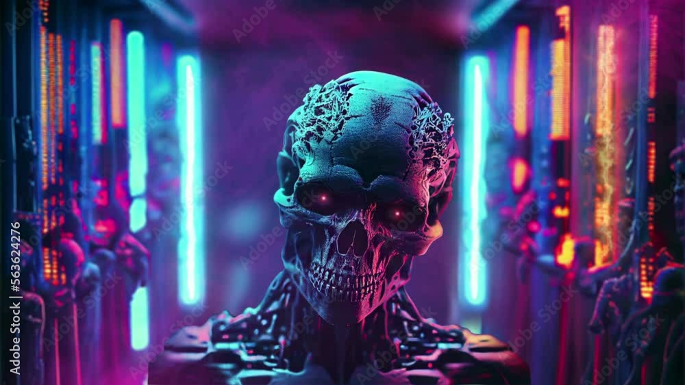 Creepy undead zombie skull in a hellish smoky environment seamless loop 3D video animation. Evil nightmare motion halloween background.