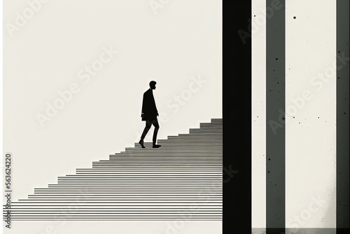Digital illustration of businessman, man in suit climbing stairs. Generative AI