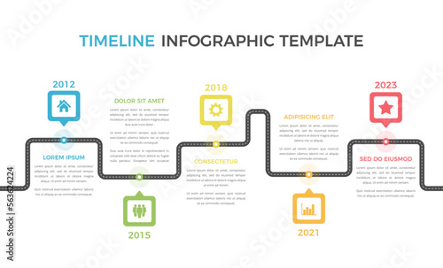 Road infographics with five map pins with icons, timeline template