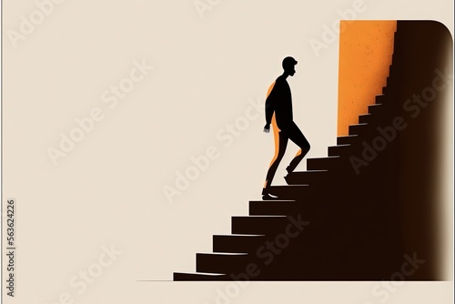 Digital illustration of businessman, man in suit climbing stairs. Generative AI