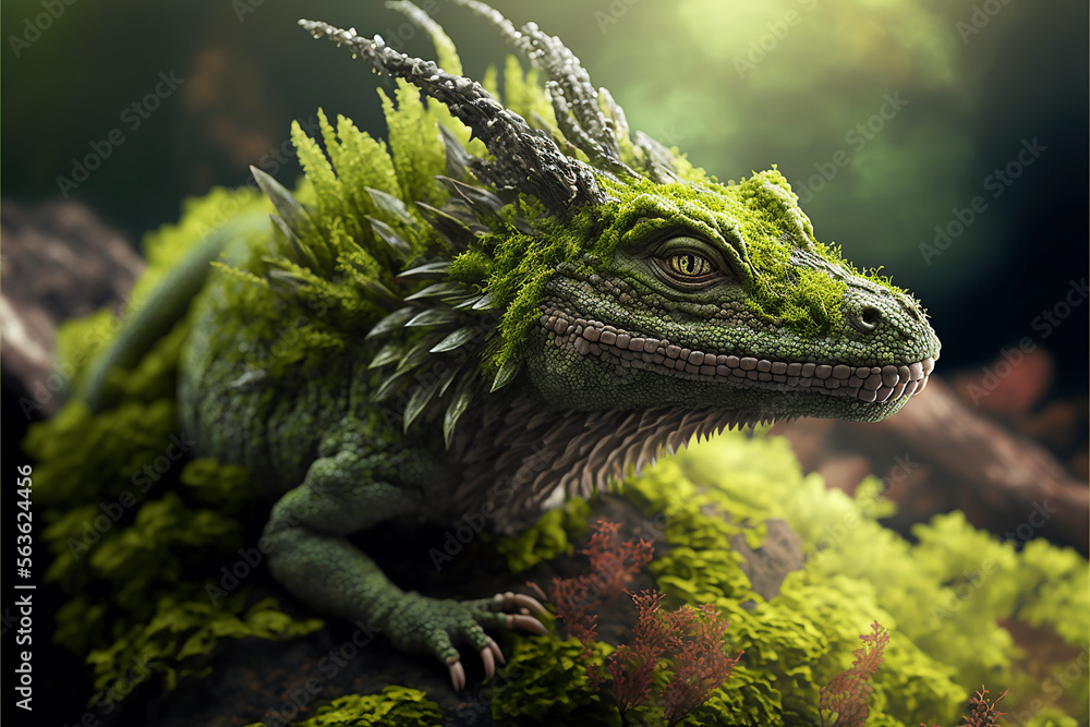 dragão camulhado na selva com musgo em cima 